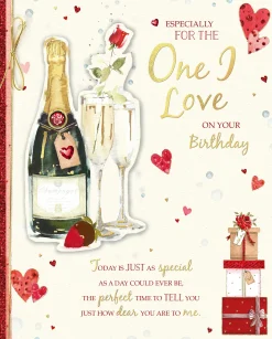 Birthday Card For The One I Love, Champagne And Roses Handmade Greeting Card By Wishing Well Studios - 8x10ins