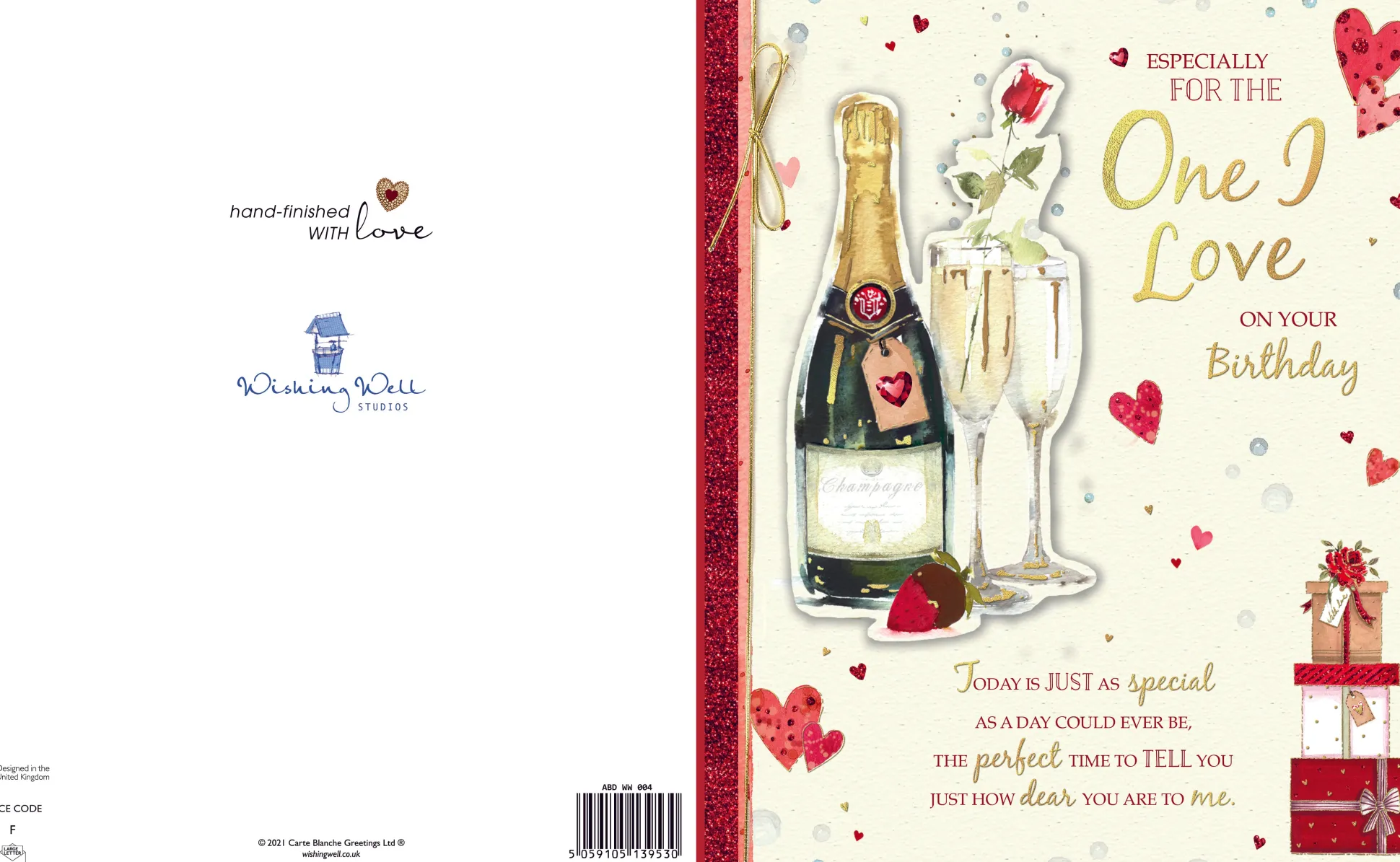 Birthday Card For The One I Love, Champagne And Roses Handmade Greeting Card By Wishing Well Studios - 8x10ins