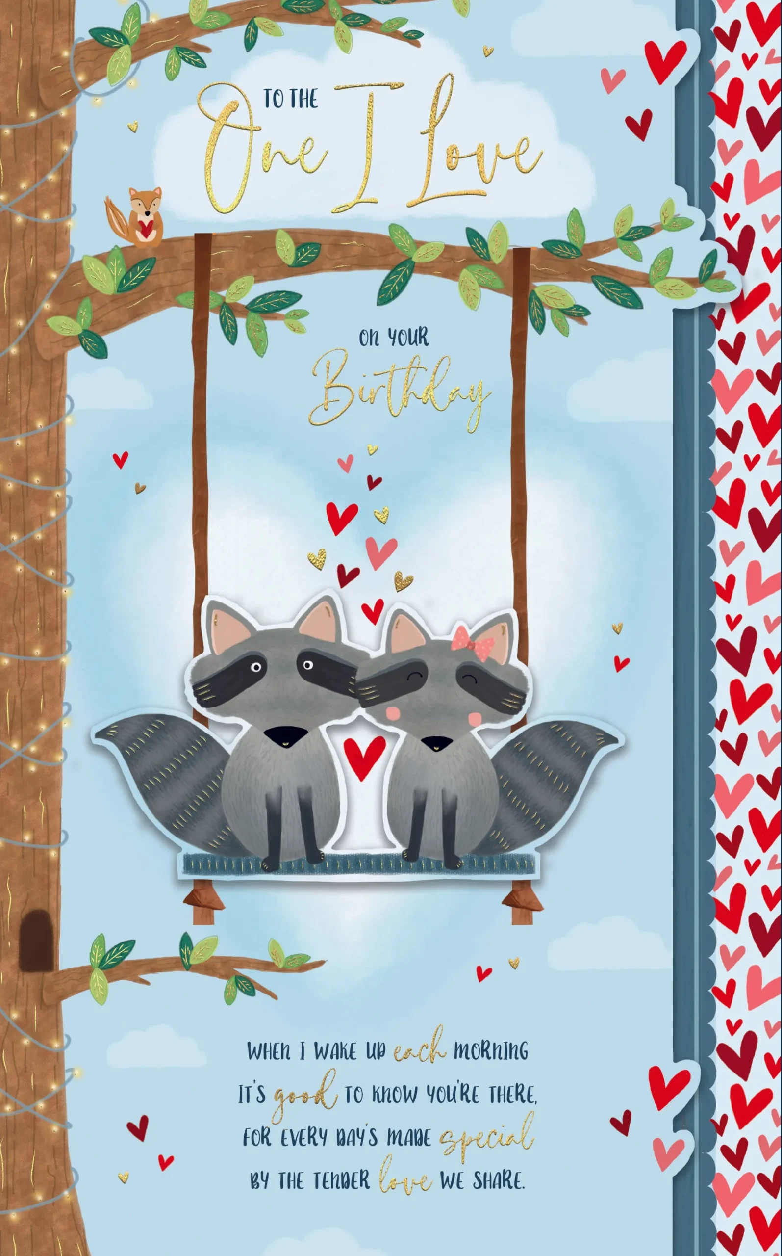 Birthday Card To The One I Love, Racoons On Swing Handmade Greeting Card By Wishing Well Studios - 7x11ins
