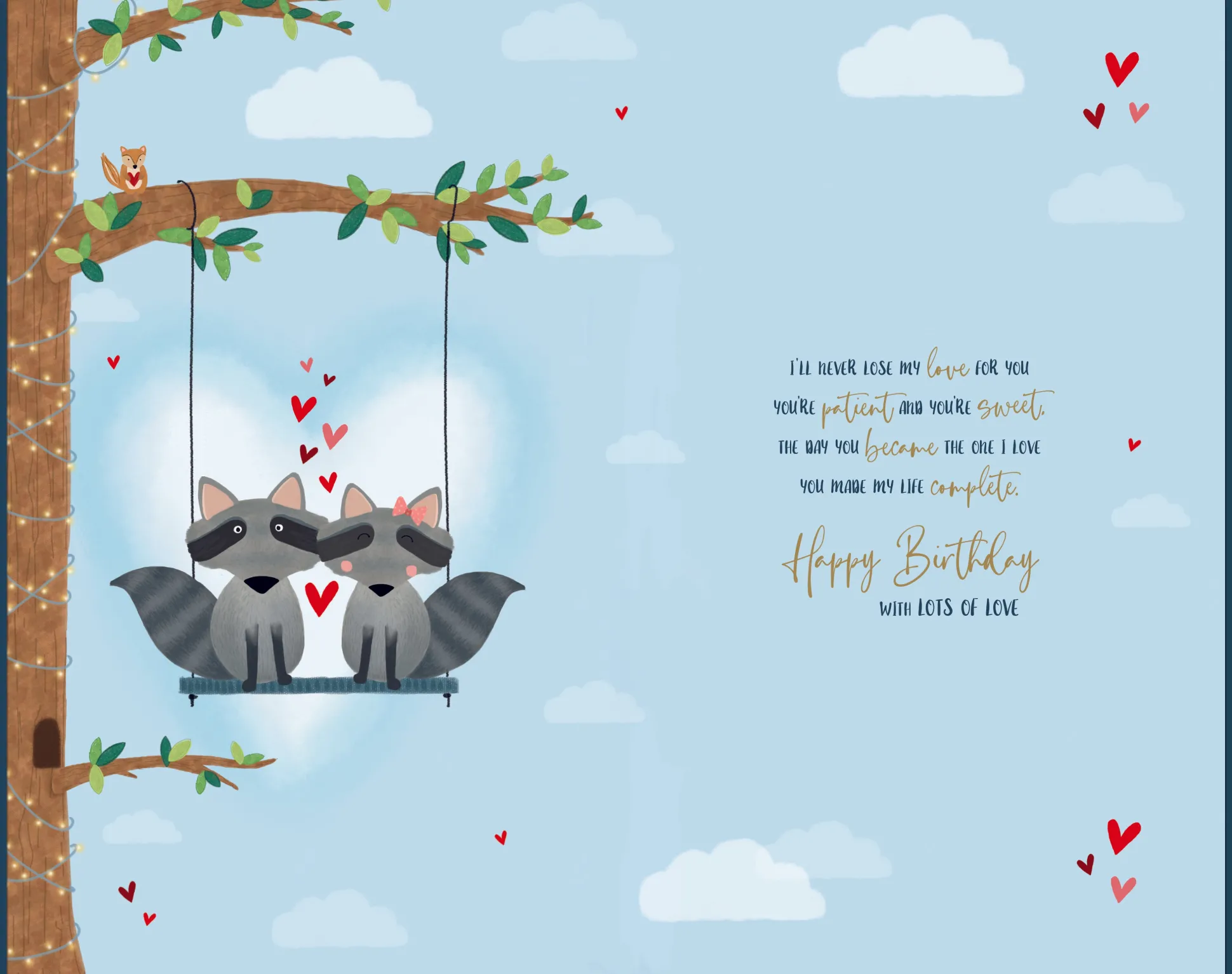Birthday Card To The One I Love, Racoons On Swing Handmade Greeting Card By Wishing Well Studios - 7x11ins