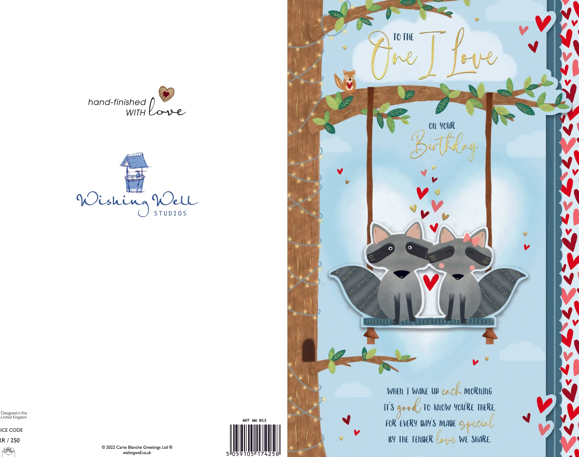 Birthday Card To The One I Love, Racoons On Swing Handmade Greeting Card By Wishing Well Studios - 7x11ins