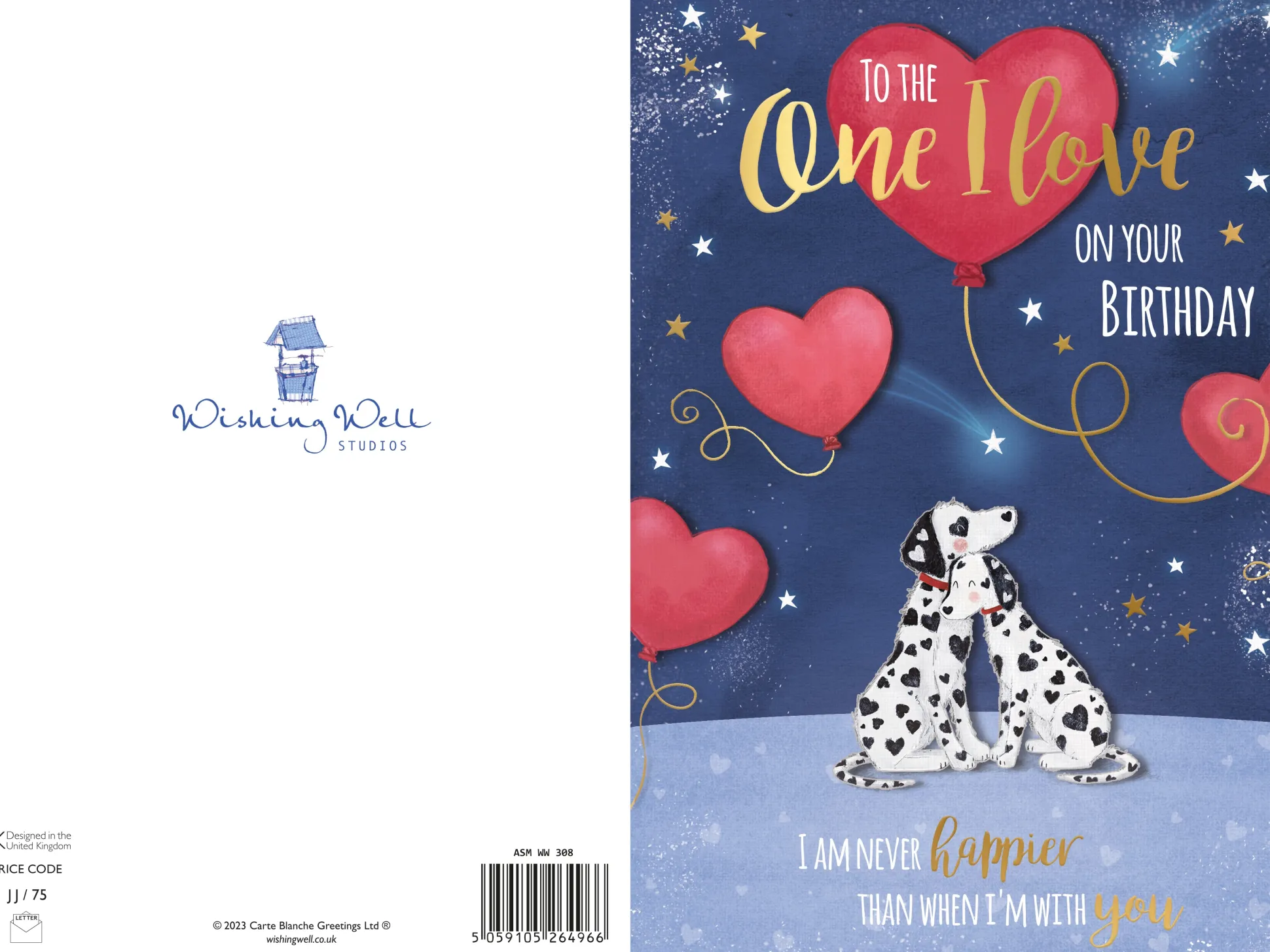 Birthday Card To The One I Love, Dalmatians And Balloons, Greeting Card By Wishing Well Studios - 6x9ins