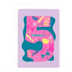 Fun Birthday Card For Girl's 5th Birthday, Birthday Card With Die-cut Detail And Neon Colours - Doodle Greeting Card by Hotchpotch London Size 5 x 7 inches
