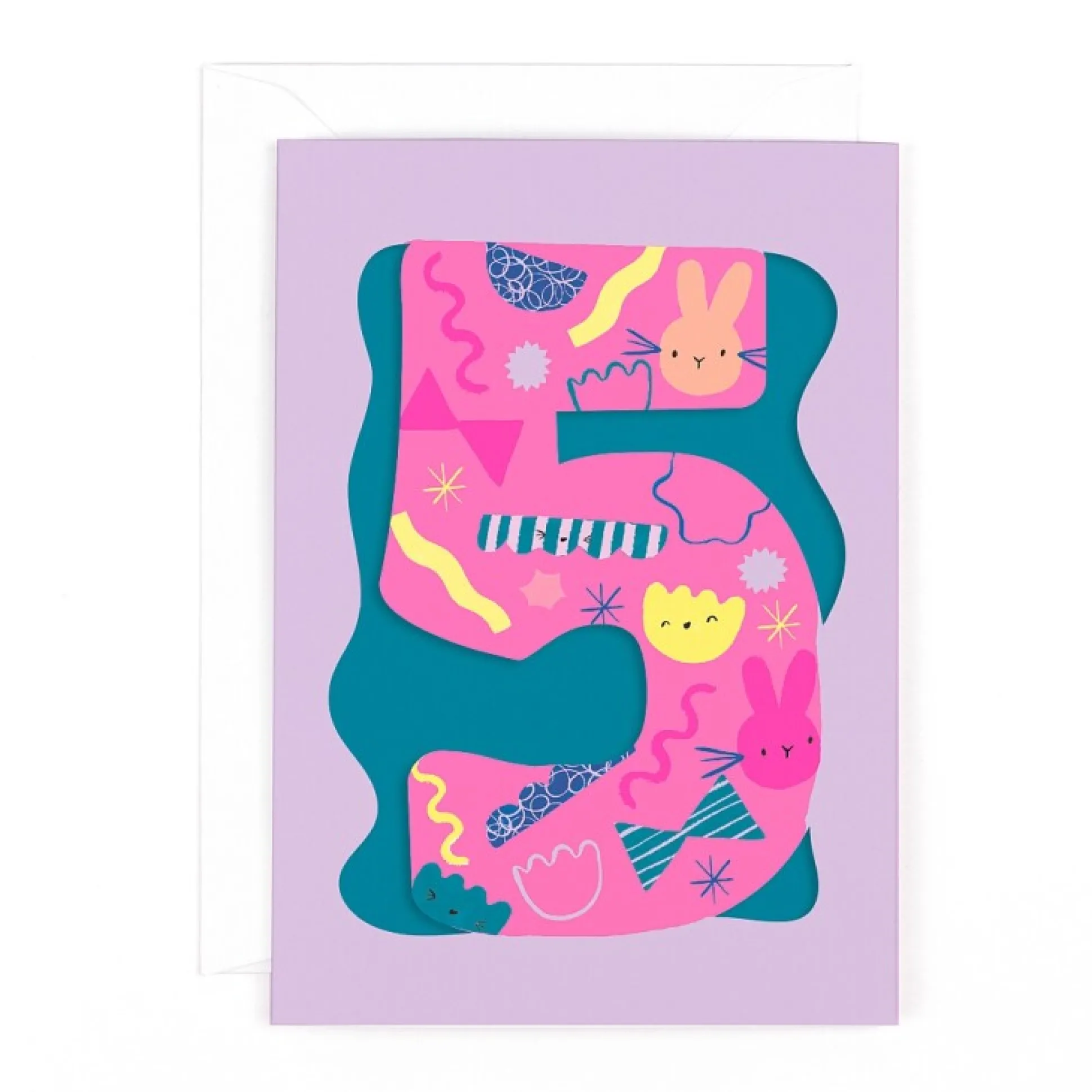 Fun Birthday Card For Girl's 5th Birthday, Birthday Card With Die-cut Detail And Neon Colours - Doodle Greeting Card by Hotchpotch London Size 5 x 7 inches