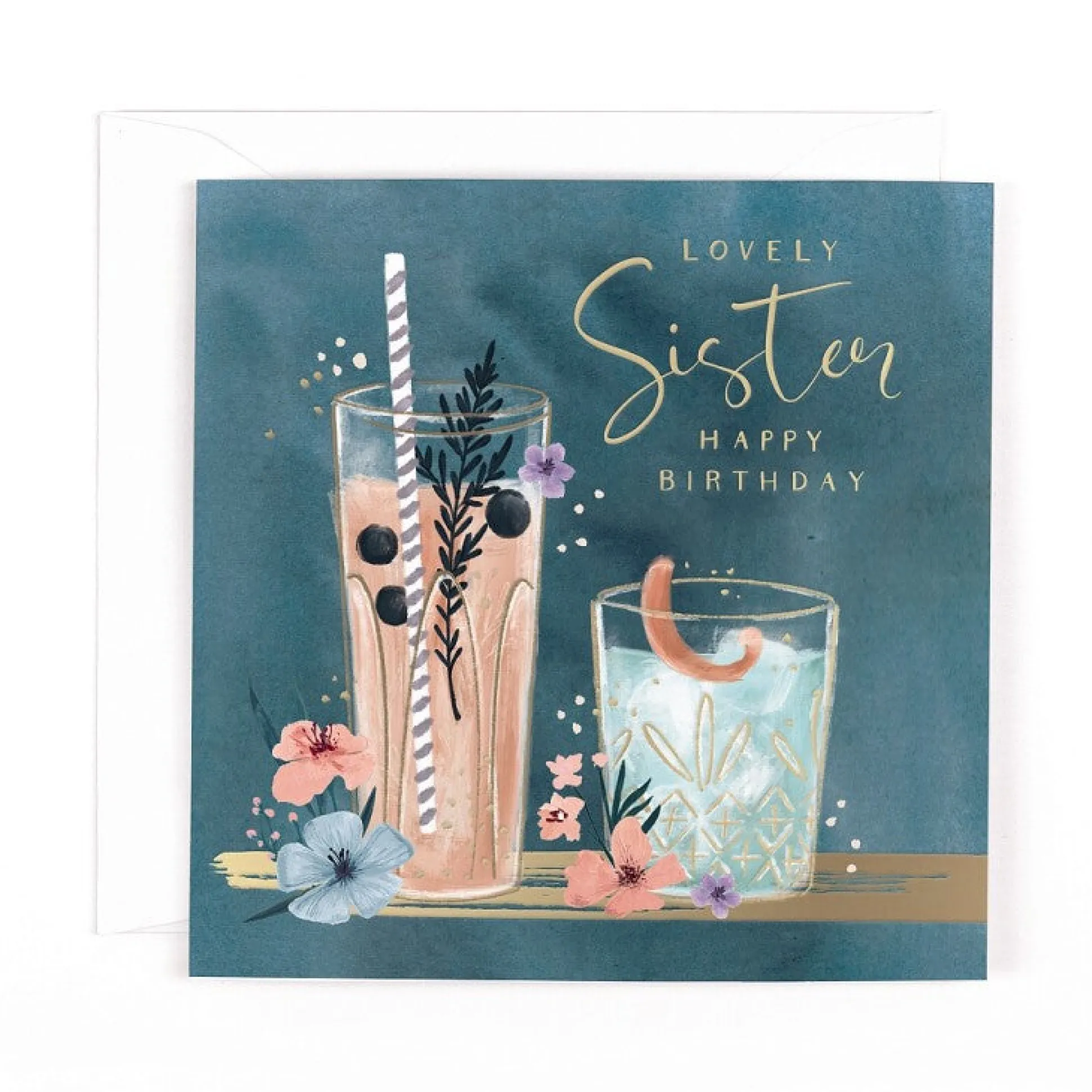 Luxury Cocktails-Themed Birthday Card For Sister, Satin Gold Foil Lettering And Stunning Artwork - Madeleine Collection by Hotchpotch London Size 6 x 6 inches