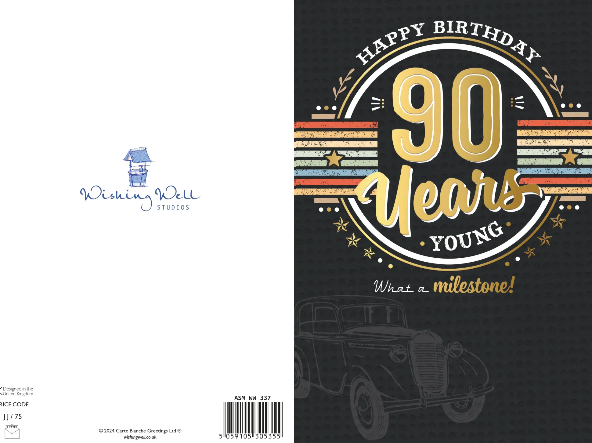 Luxury 90th Birthday Card For Him | Vintage Car Design By Wishing Well Studios 6 x 9"