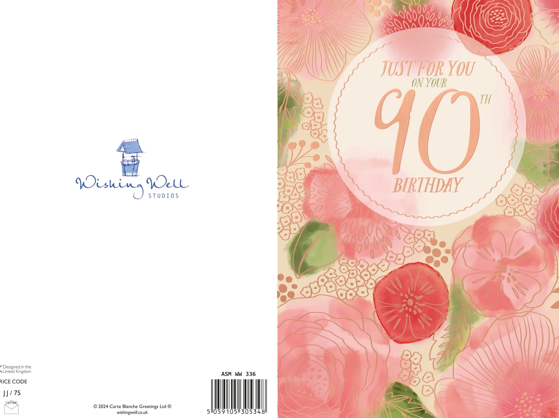 Luxury 90th Birthday Card For Her | Floral Design By Wishing Well Studios 6 x 9"
