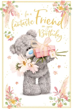 Me to You Fantastic Friend Tatty Teddy Bear Holding Flowers and Gift Birthday Greeting Card 6x9ins - Official Collection