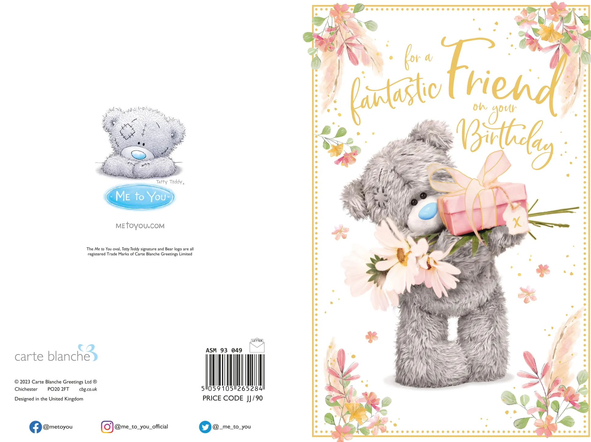 Me to You Fantastic Friend Tatty Teddy Bear Holding Flowers and Gift Birthday Greeting Card 6x9ins - Official Collection