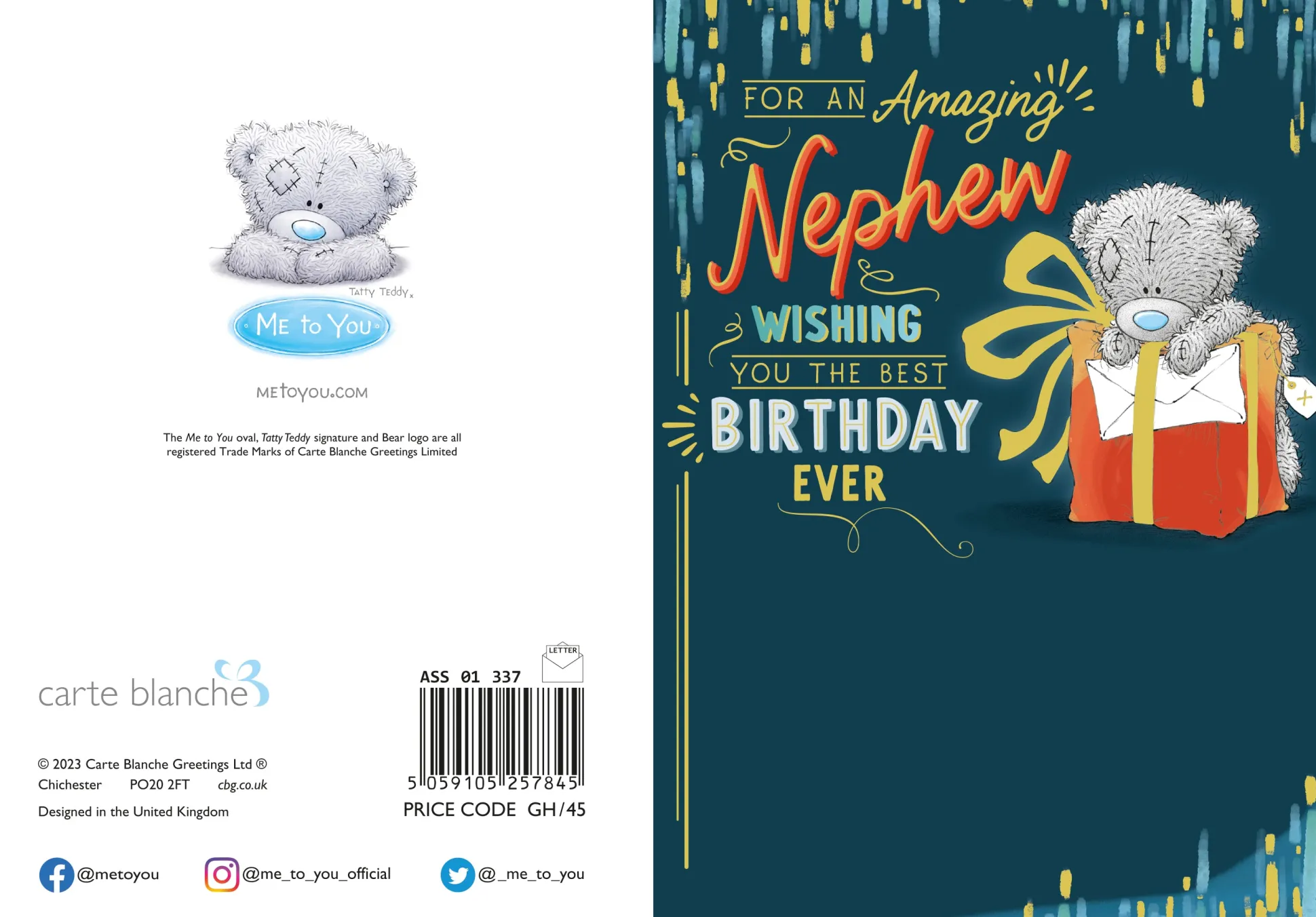 Me to You Tatty Teddy Birthday Card for Amazing Nephew 5x7ins - Official Collection