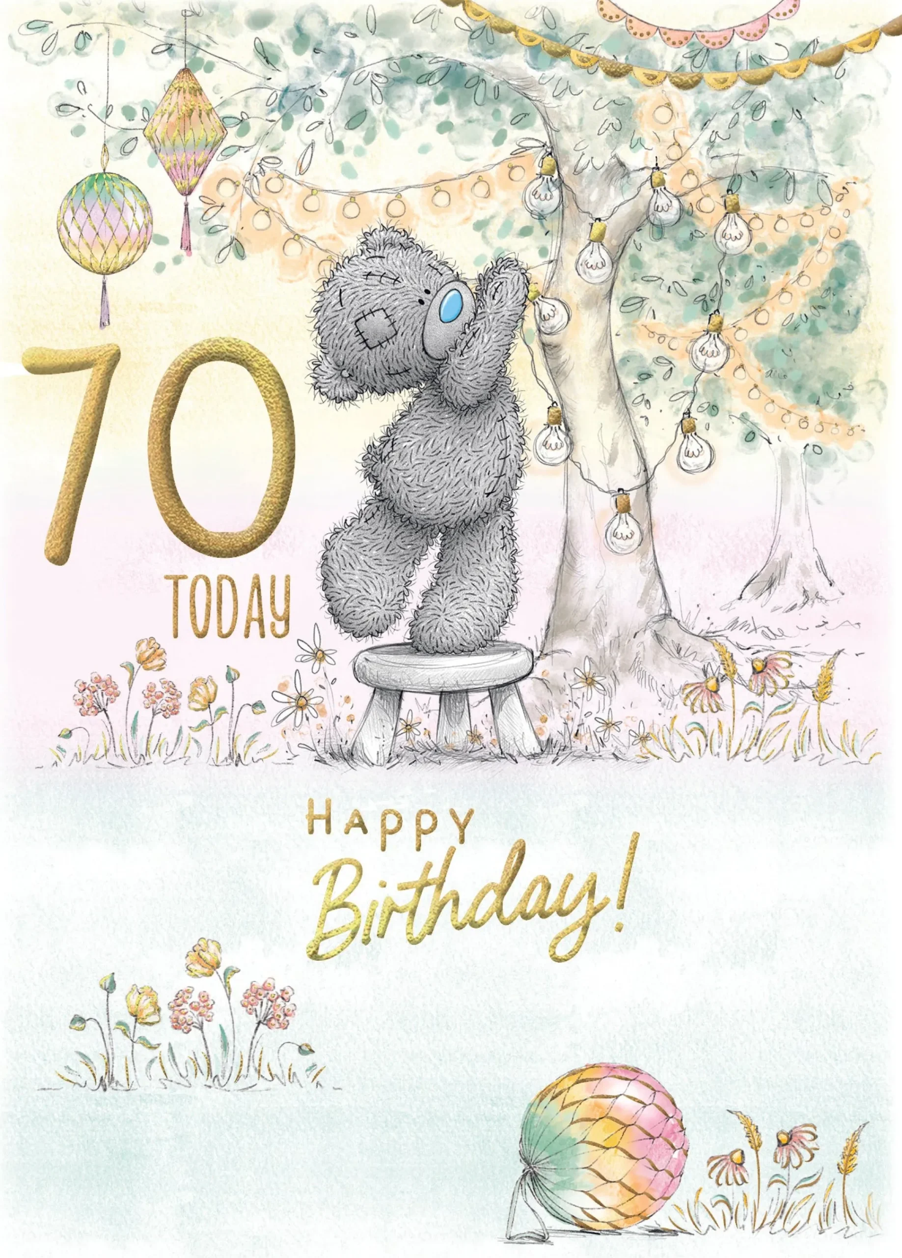 Me to You Tatty Teddy Cute 70th Birthday Card, Bear With Lanterns - 5 x 7"