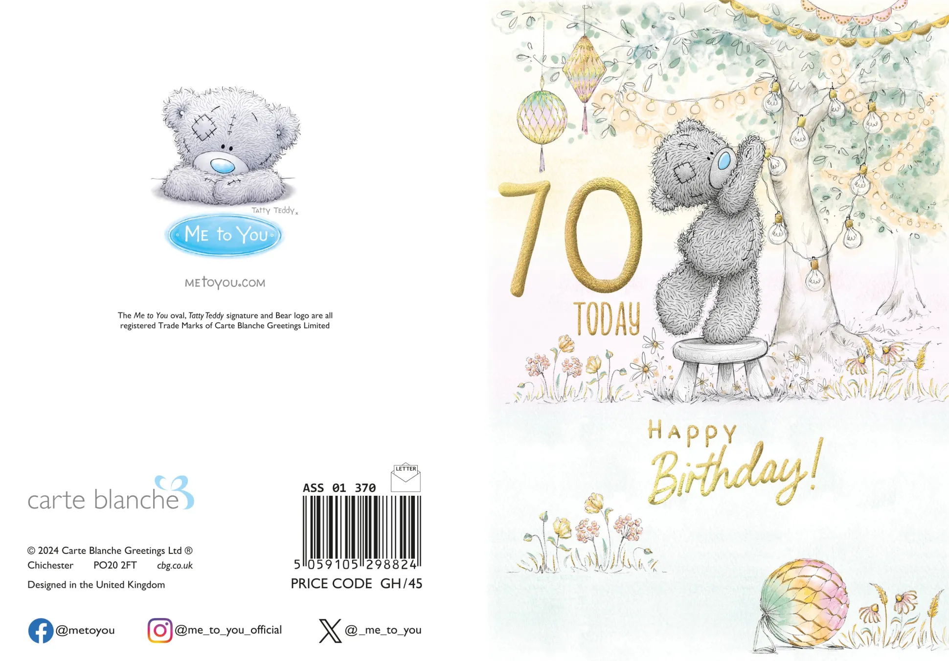 Me to You Tatty Teddy Cute 70th Birthday Card, Bear With Lanterns - 5 x 7"