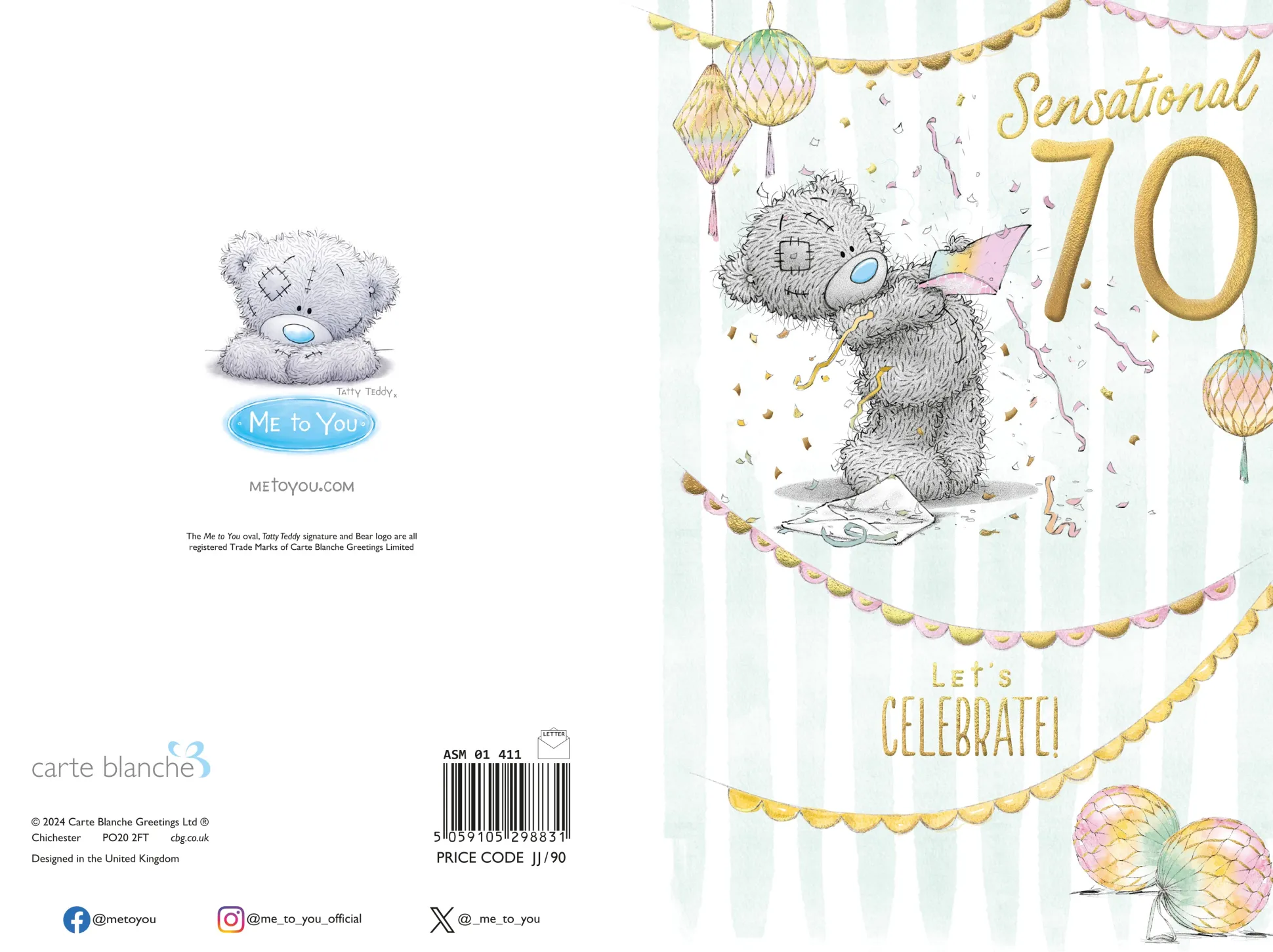 Me to You Tatty Teddy Cute 70th Birthday Card, Bear With Streamers - 6 x 9"