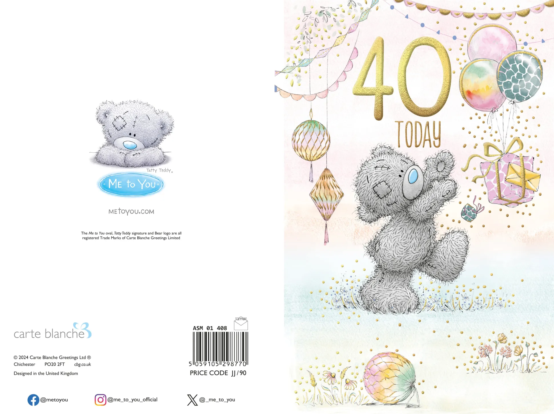 Me to You Tatty Teddy Cute 40th Birthday Card Bear Chasing Balloons - 6 x 9"