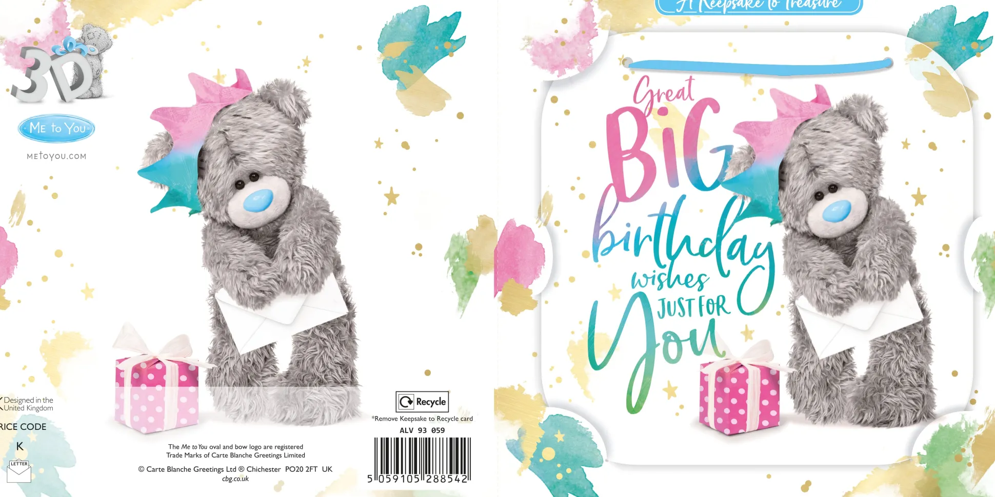 Me to You Tatty Teddy 3D Luxury Keepsake Birthday Card, Great Big Birthday Wishes 6 x 6" -