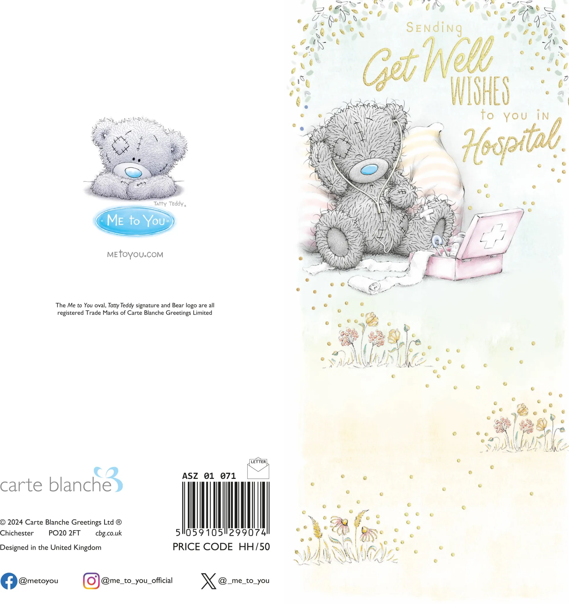 Me to You Tatty Teddy Get Well In Hospital Cute Card - 4 x 8"
