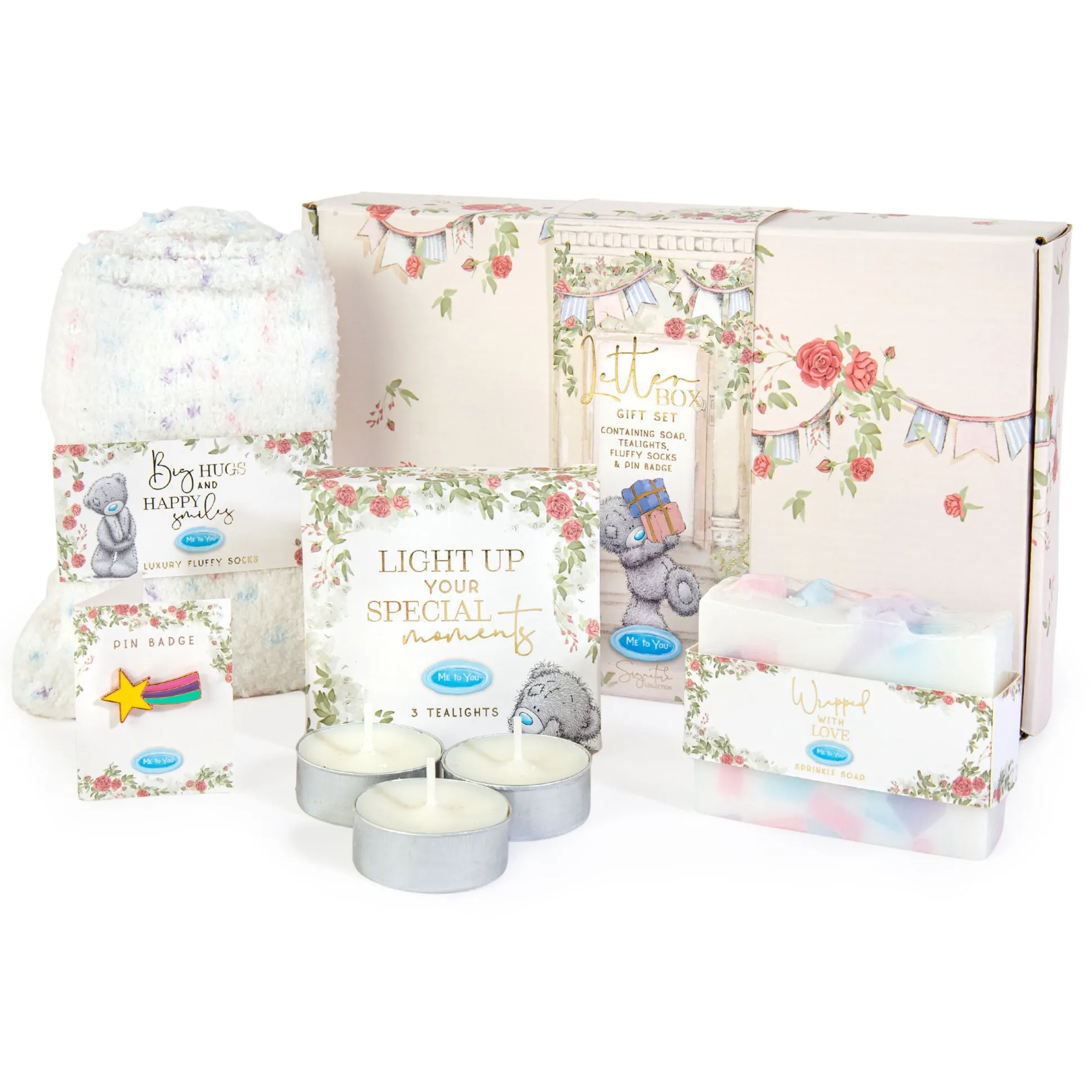 Me to You Tatty Teddy Letterbox Birthday Gift Set Includes Fluffy Socks, Wooden Plaque, Sprinkles Tealights & Pin Badge - Signature Collection
