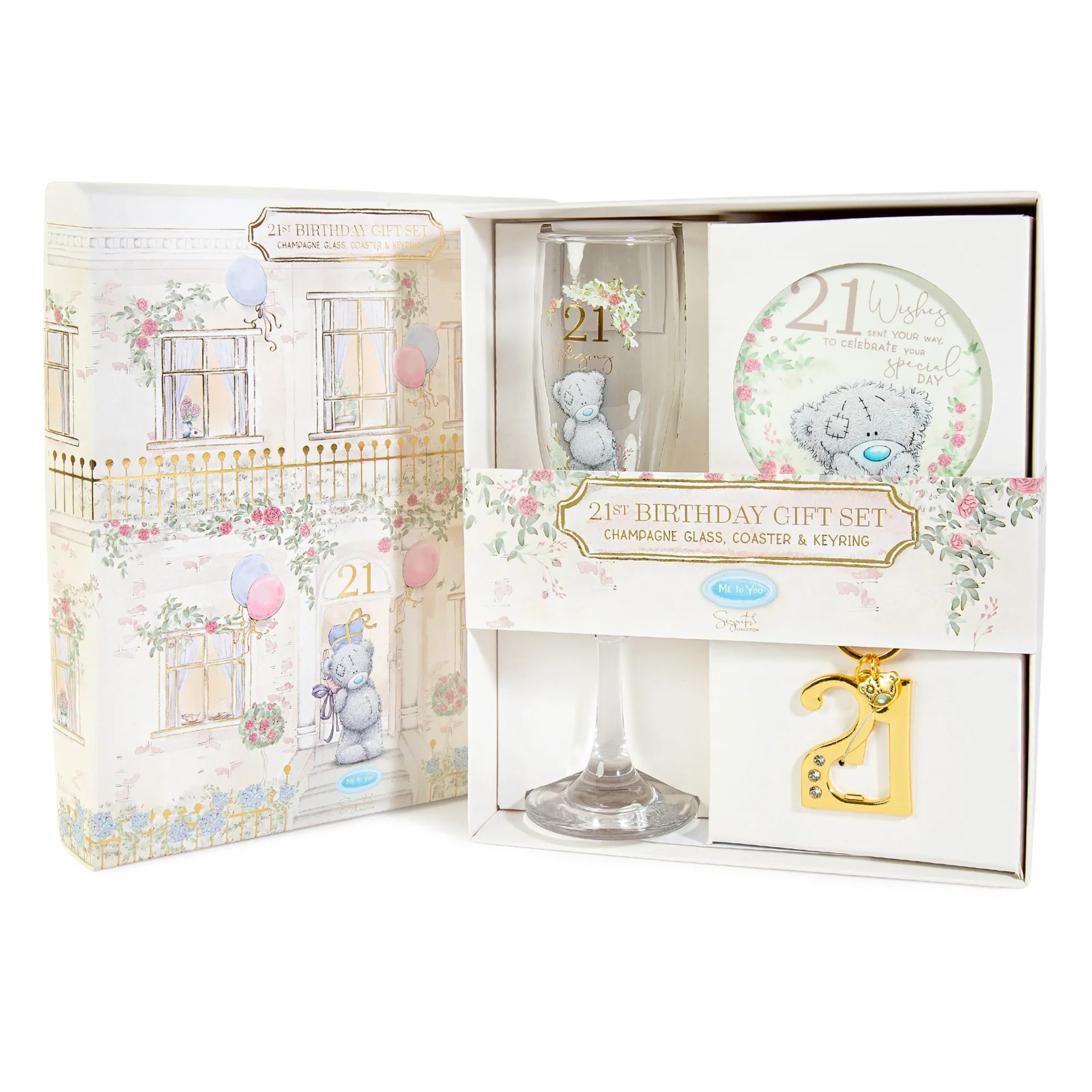 Me to You Tatty Teddy 21st Birthday Gift Set Includes Champagne Glass, Coaster & Keyring In Luxury Gift Box - Signature Collection