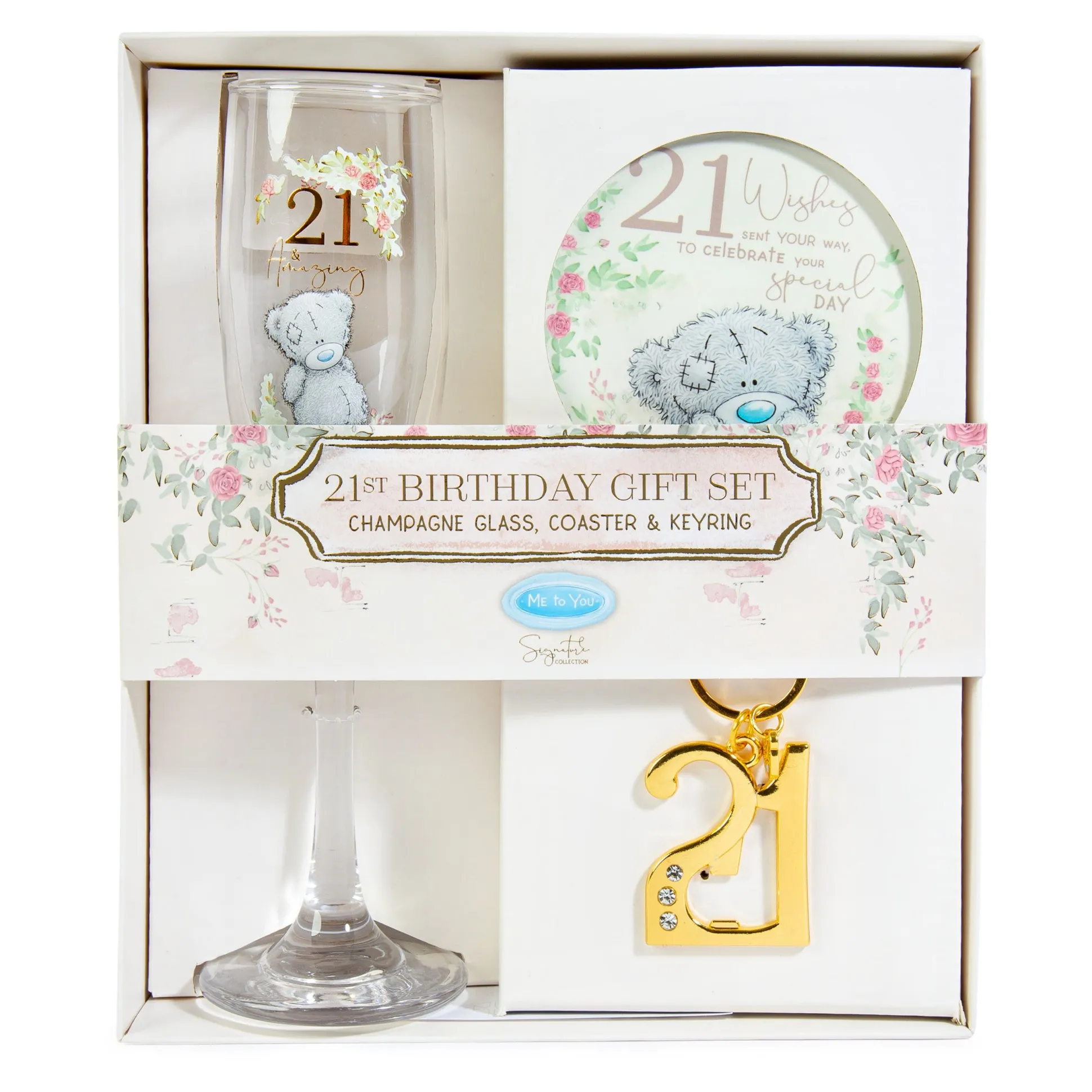 Me to You Tatty Teddy 21st Birthday Gift Set Includes Champagne Glass, Coaster & Keyring In Luxury Gift Box - Signature Collection