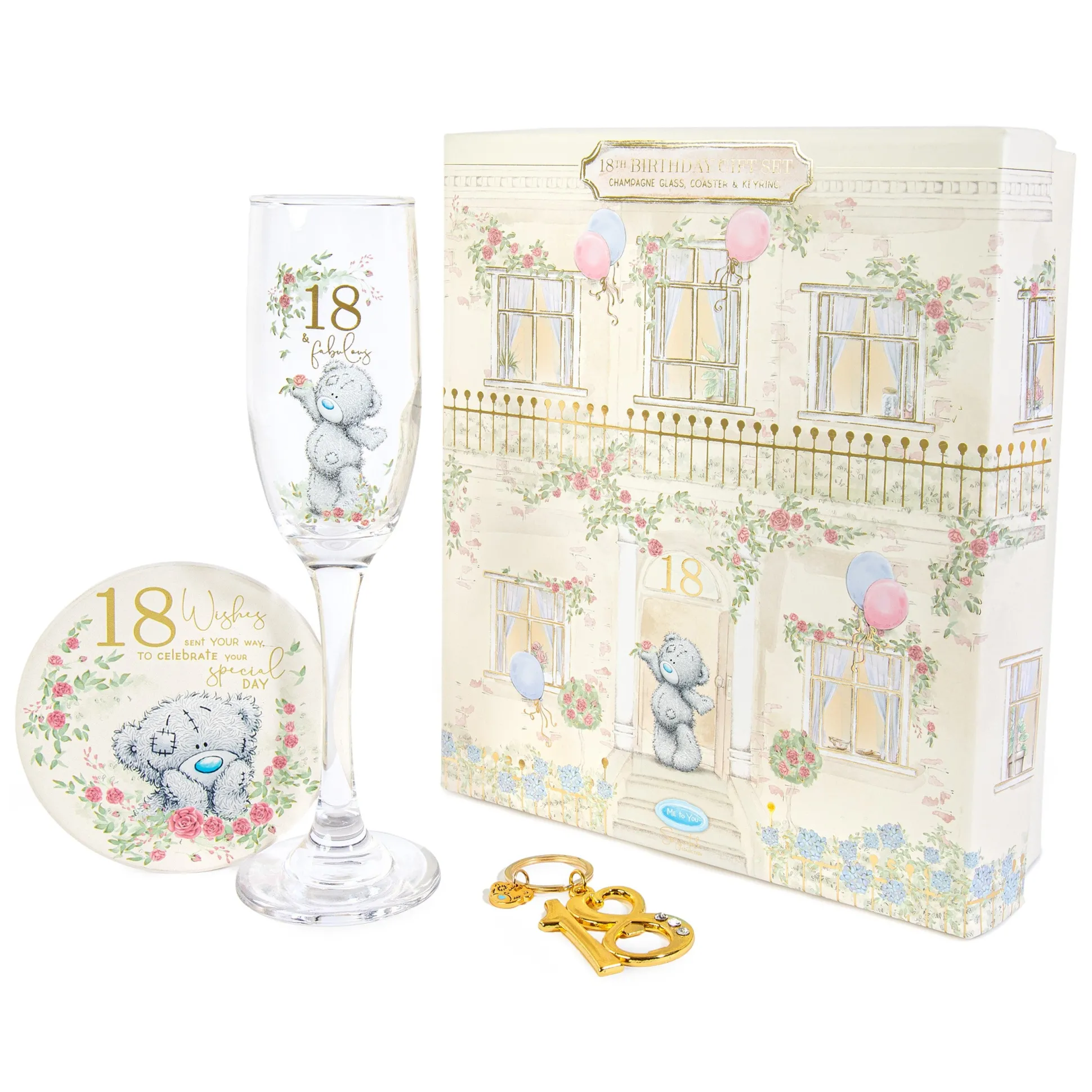 Me to You Tatty Teddy 18th Birthday Gift Set Includes Champagne Glass, Coaster & Keyring In Luxury Gift Box - Signature Collection