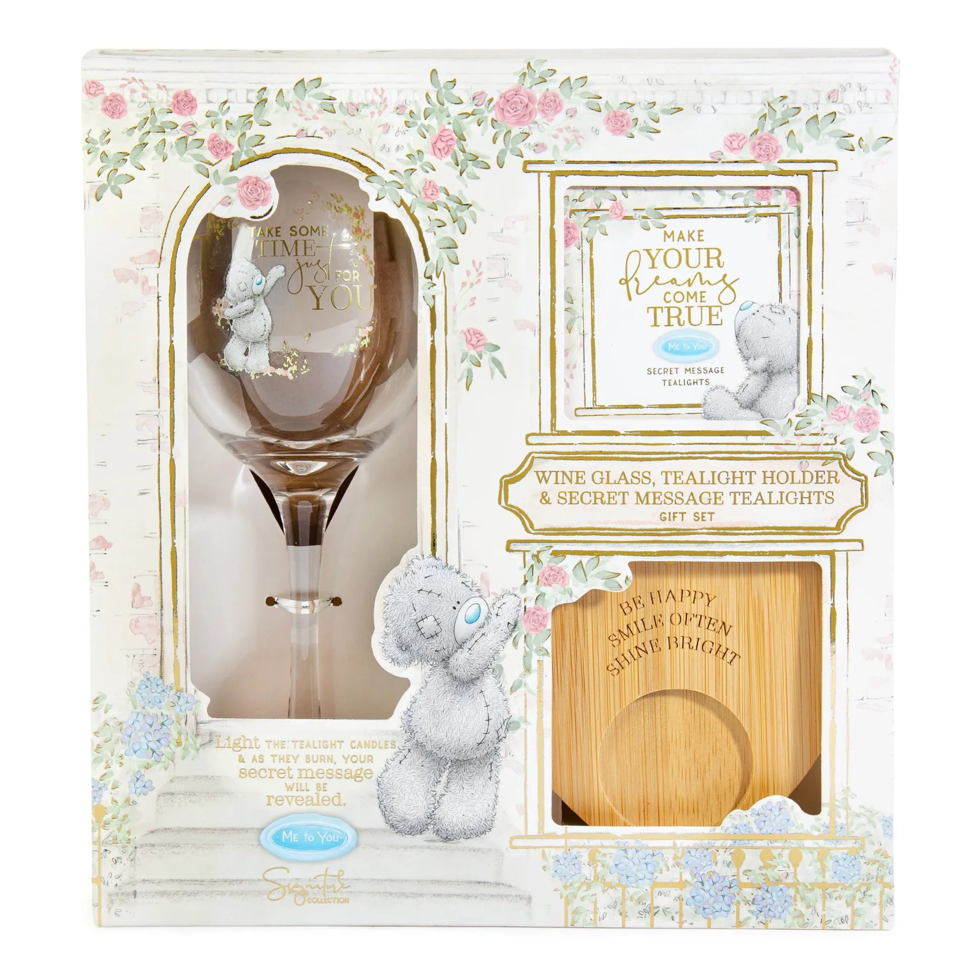 Me to You Tatty Teddy Wine Glass, Wooden Tealight Holder & Secret Message Tealights In Luxury Gift Box