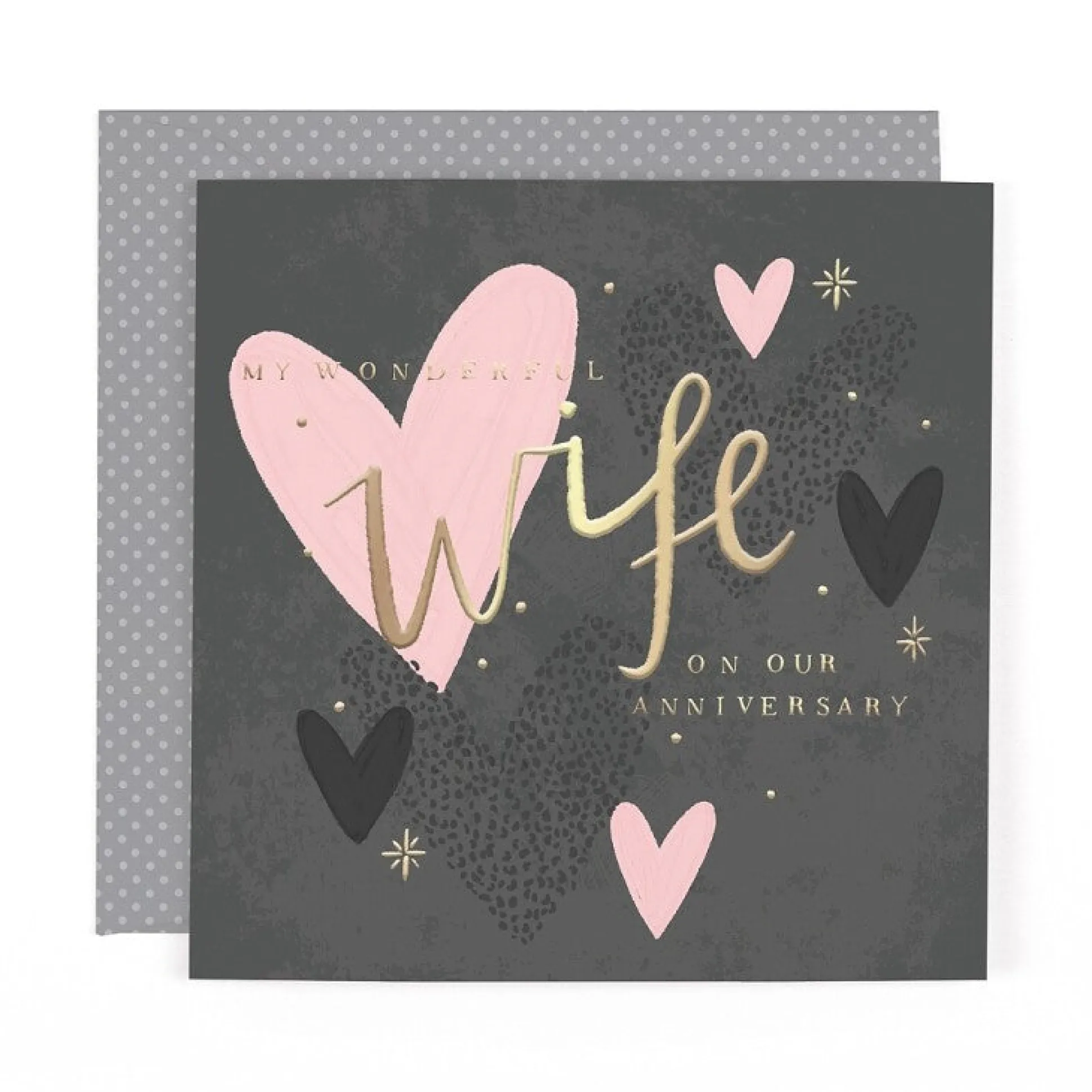 Stunning Foiled Anniversary Card For Wonderful Wife, With Bespoke Dotty Envelope - Anise Greeting Card by Hotchpotch London Size 6 x 6 inches